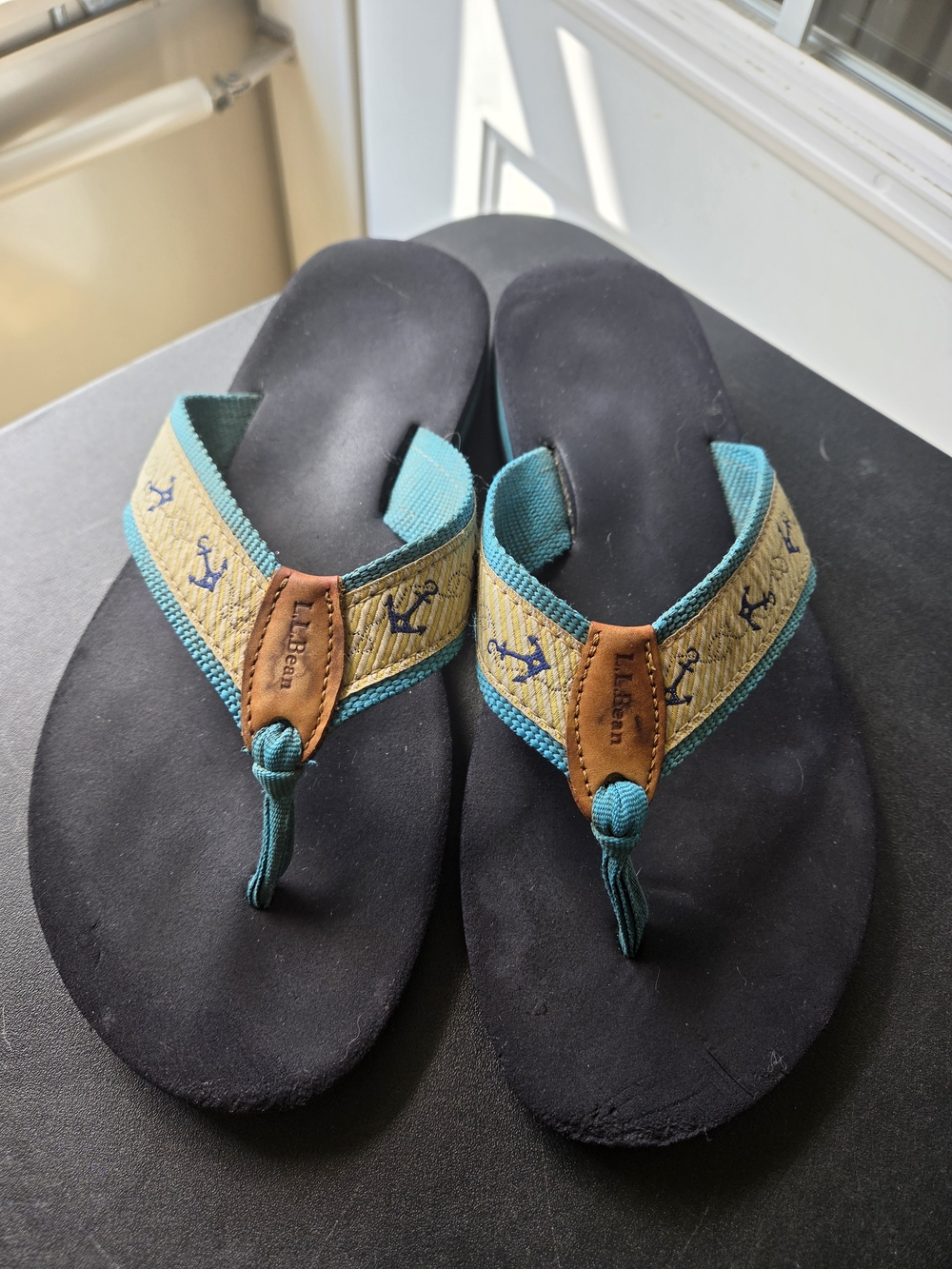 L.L. Bean Black Footbed Teal & Tan Anchor Strap Flip Flops - Women
